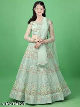 Light green embroidered lehenga choli (Pack of 1) - Indian Western wear for girls aged 9-14 years, semi-stitched net fabric with three-quarter sleeves