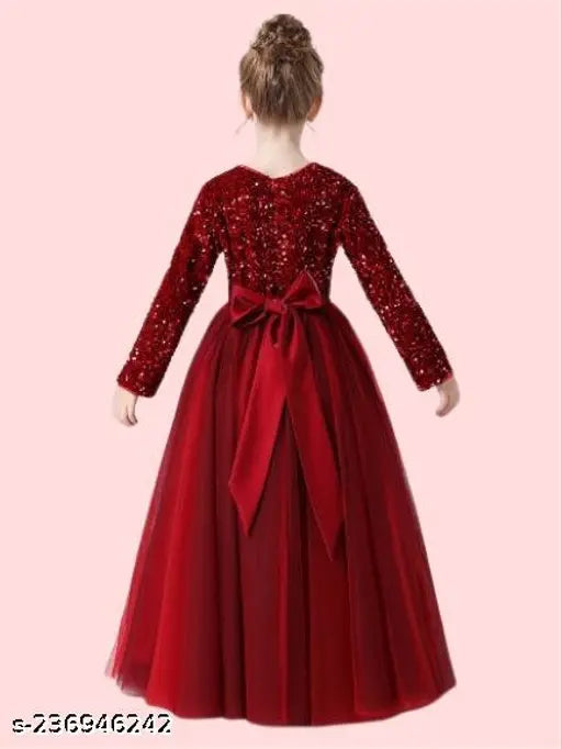 Red velvet and net full-length gown dress with sequin work, elegant and fashionable for girls aged 5-16 years. Embroidered net, long sleeves, back zipper, dry clean only. Original DP Fabrics product, Made in India