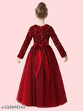 Red velvet and net full-length gown dress with sequin work, elegant and fashionable for girls aged 5-16 years. Embroidered net, long sleeves, back zipper, dry clean only. Original DP Fabrics product, Made in India
