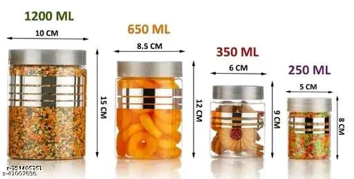 Premium silver-clear BPA-free line printed storage container set, featuring airtight dry fruit jars in sizes: 1200ml, 650ml, 350ml, 250ml. Each pack includes 24 pieces with matching spoons free