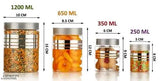 Premium silver-clear BPA-free line printed storage container set, featuring airtight dry fruit jars in sizes: 1200ml, 650ml, 350ml, 250ml. Each pack includes 24 pieces with matching spoons free