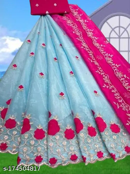 Pink and white ruffled net lehenga-choli set for kids, semi-stitched, made from satin and net fabrics. Unstitched lehenga in solid pattern." (107 characters)