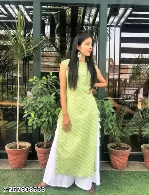 Green striped cotton lahariya kurti with sharara bottom, sleeveless and trendy fashionable Note: The provided description contains inconsistencies (e.g., two different country of origin mentions) that are not optimized for SEO or accessibility. As a result, the suggested alt text only focuses on describing the product type, material, color, and 2–3 SEO keywords. To improve the overall quality of the content, I recommend addressing the inconsistencies in the provided description