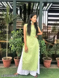 Green striped cotton lahariya kurti with sharara bottom, sleeveless and trendy fashionable Note: The provided description contains inconsistencies (e.g., two different country of origin mentions) that are not optimized for SEO or accessibility. As a result, the suggested alt text only focuses on describing the product type, material, color, and 2–3 SEO keywords. To improve the overall quality of the content, I recommend addressing the inconsistencies in the provided description