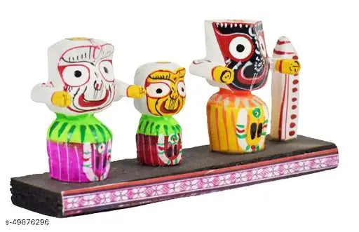 Ceramic Krishna idols: Real Craft Lord Jagannath, Subhadra, Balabhadra with Sudarshan Chakra for home decor or car dashboards (3 cm L x 6 cm H x 13 cm B)