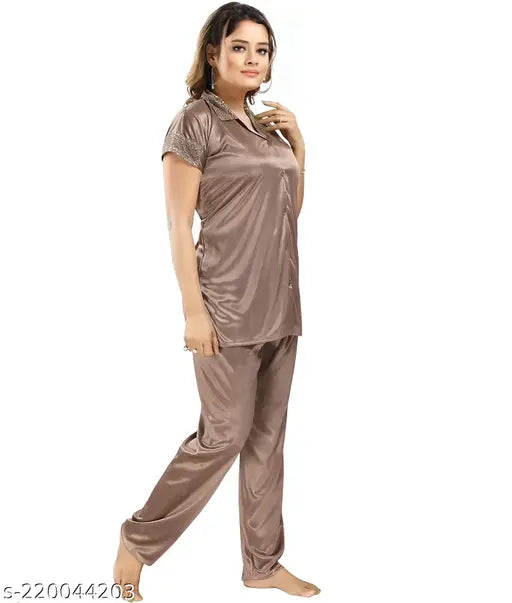 Brown stretchable satin lycra women's/girls sleepwear set, features elastic waist and side pockets, ideal for lounging and sleepwear