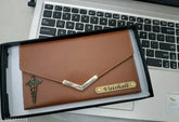 Personalized canvas and leather name clutch, engraved with 3 compartments, textured net pattern, free size (16cm x 8cm), India origin