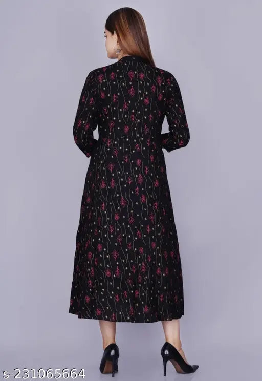 Rayon anarkali kurtis, three-quarter sleeve printed combo, trendy ethnic wear for M (38 in), L (40 in), XL (42 in), XXL (44 in), XXXL (46 in). Fashionable Indian traditional attire