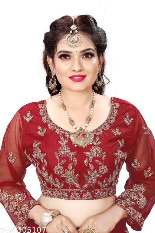 Golden-maroon embroidered Lehenga Choli and dupatta set, high-quality net fabric, Indian designer fashion