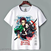 White polyester Demon Slayer printed unisex casual wear round neck half sleeve T-shirt, high quality printing, comfortable fit, wash resistant up to 60 degrees, suitable for kids with jeans or shorts