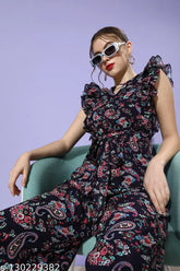 Multicolor floral wide leg jumpsuit, navy blue polyester with frills and tie-up detailing. Miss Chase women's solid round neck multi-size