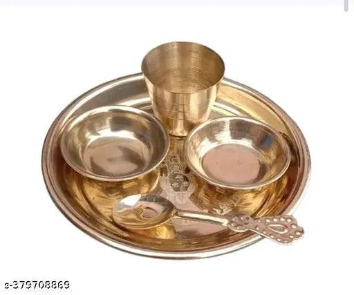 Brass Gold Laddoo Gopal Thali, Indian traditional brass and gold dinner set (34gm), light in appearance