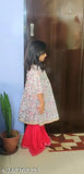 Cotton Nusrat Kurti & Sharara set, printed anarkali style with three-quarter sleeves. Eye-catching contrast colors, Gota lace detail. Children's clothing, sizes 12-18 months and 18-24 months, from India