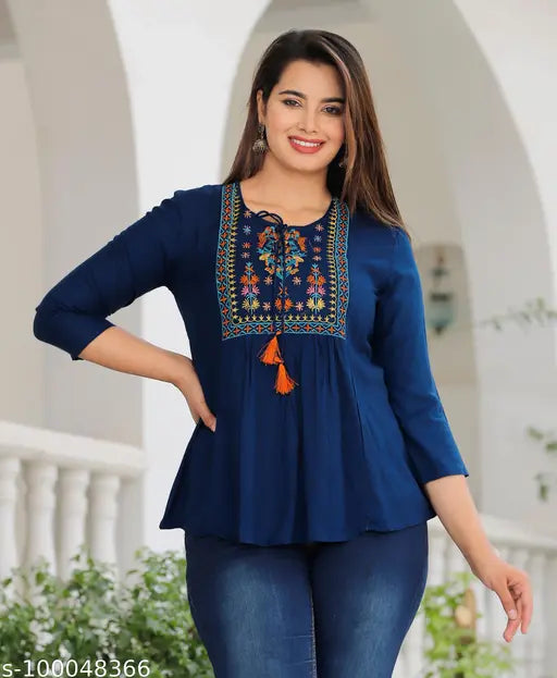 Blue cotton three-quarter sleeve women's topper with embroidery detail, designed by Yesu Fashions - India