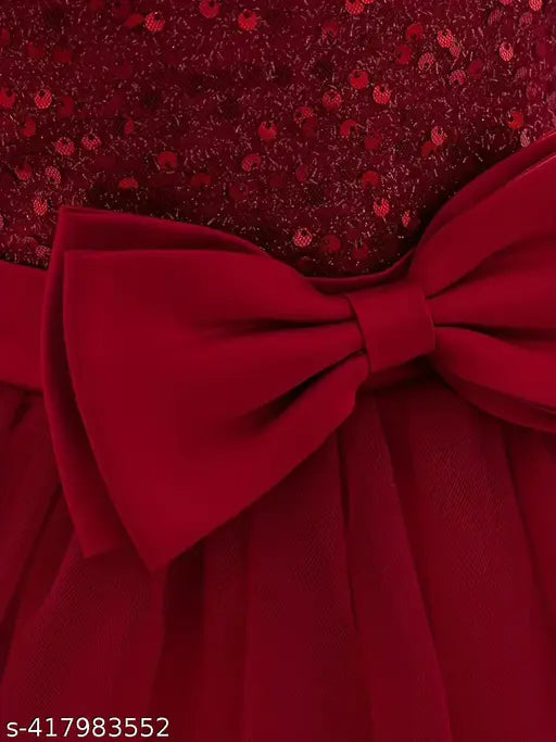 Red embellished net cotton baby frock (6-12 months: 19in, 1-2 years: 21in, 2-3 years: 22in), Indian origin, stylish and comfortable for special events