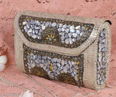 Silver suede embellished net party clutch, handcrafted brass metal accessory