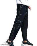 Black denim cargo pants, solid pattern, durable for men or women, made in India