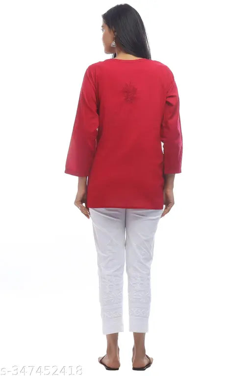 Cotton Kashmiri short kurti self, embroidered in chikankari style - soft, comfortable fashion from Lucknow, India