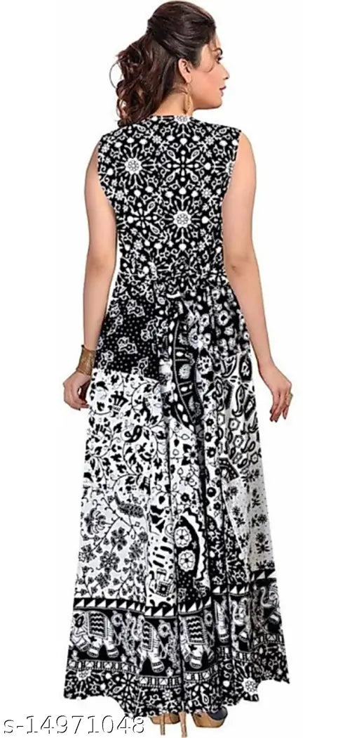 Black and white printed sleeveless cotton kurti for women, featuring a scoop neckline and relaxed fit. Made in India