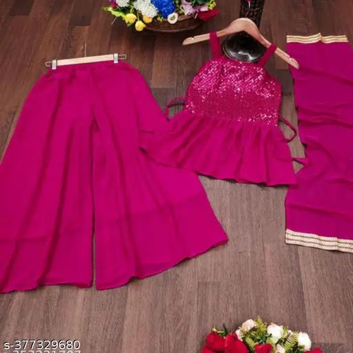 Kids polyester anarkali set with embroidered sleeveless top and palazzos, available in various sizes from 2-13 years. Indian children's fashion on display