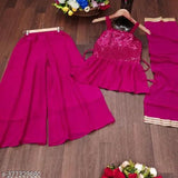 Kids polyester anarkali set with embroidered sleeveless top and palazzos, available in various sizes from 2-13 years. Indian children's fashion on display