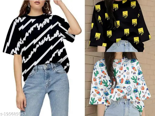 Oversized Lycra t-shirts for women, 3-pack in printed net pattern, ideal for comfort and ease, India origin