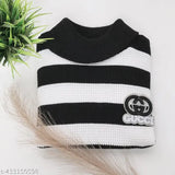 Striped high neck black & white sweater for kids (boys/girls), wool fabric with printed net pattern