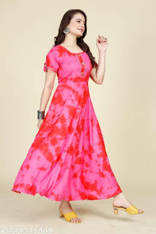 Pink tie-dye rayon short sleeve gown with lace work, size range from L to 10XL, Indian-made casual dress for various occasions, crafted from breathable cotton