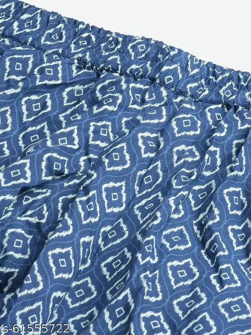 Divena Indigo Printed Cotton Nightsuit: Vibrant indigo sleepwear with collar neck & side slit, 100% cotton, ideal for all seasons