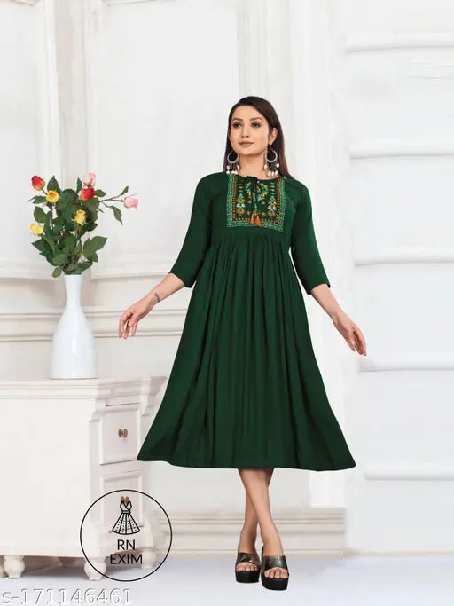 Green embroidered viscose rayon A-line kurta, three-quarter sleeves - Indian women's fashion for functions, receptions, weddings & events