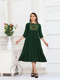 Green embroidered viscose rayon A-line kurta, three-quarter sleeves - Indian women's fashion for functions, receptions, weddings & events