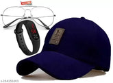 Self Design cotton Ediko baseball cap combo with clear lens aviator sunglasses and matching LED band for men and boys - Indian made style accessory set