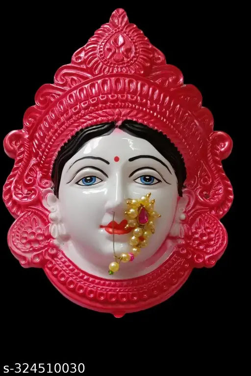 Red poly resin Hindu Goddess idol, Mahalakshmi face for pooja room or entrance wall, embodiment of wealth and prosperity