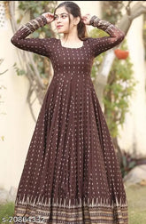 Brown rayon long sleeve kurta dress with checked pattern, latkan tassels, and block printing