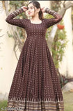 Brown rayon long sleeve kurta dress with checked pattern, latkan tassels, and block printing