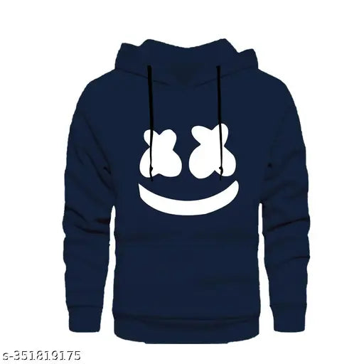 Blue printed unisex hooded sweatshirt with smiley two design, long sleeves, cotton fabric for winter wear