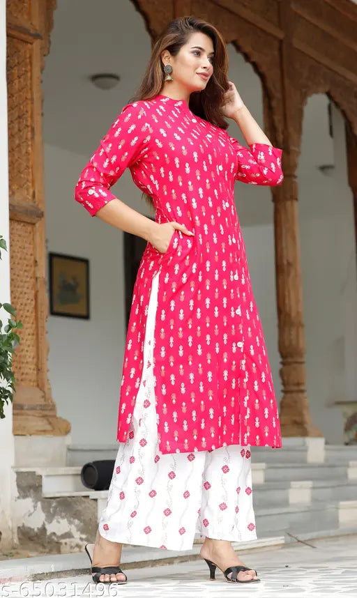 Rayon printed kurta and palazzo set, vibrant woman's outfit with side pocket (India)