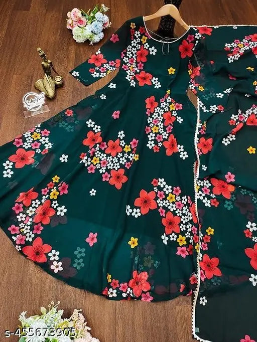 Stylish Georgette printed net long-sleeved gown for women, available in M, L, XL, XXL sizes. Indian traditional anarkali dress