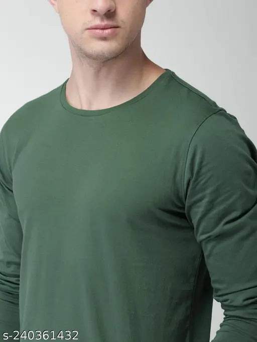 Olive cotton round neck full sleeve t-shirt for men, regular fit and solid design from India
