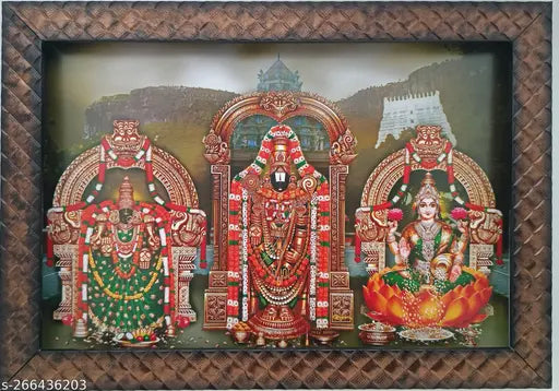 Synthetic resin wall hanging photo frame, showcasing Lord Srinivasa Balaji with Padmavathi and Lakshmi Thayar, Tirupati Balaji Govinda Swamy Sri Venkateswara Perumal, 0.5 ft x 0.5 ft x 0.5 ft. Indian religious artifact