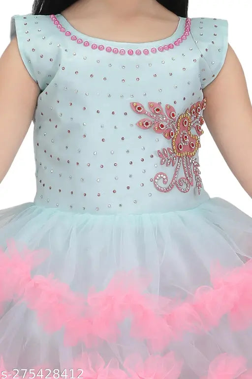 Pink net frock gown dress for girls, vibrant and embellished net fabric, semi-transparent and sleeveless