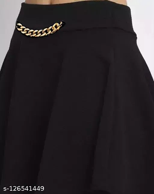 Black polyester flared mini skirt with elastic waistband and slip-on closure, ideal for skater style fashion