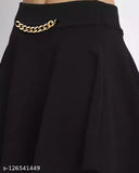 Black polyester flared mini skirt with elastic waistband and slip-on closure, ideal for skater style fashion