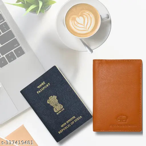 Genuine leather passport cover for men and women, high-quality brown or black bifold/trifold design with coin pocket. Slim fit, RFID blocking, stylish accessory for casual or formal occasions. Made in India
