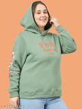 Olive printed graphic fleece sweatshirt for women, featuring long sleeves and a hoodie design, made in India