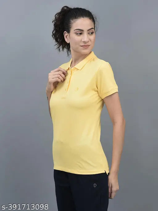 Yellow cotton-blend polo t-shirt by Dollar Women's, short sleeves, solid design