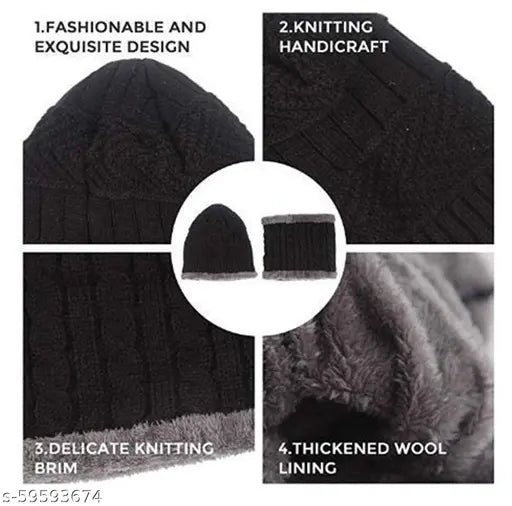 Wool & Fur Unisex Beanie Cap Set with Neck Warmer (India), premium quality stretchy thermal spun acrylic, soft fleece lining, snow proof
