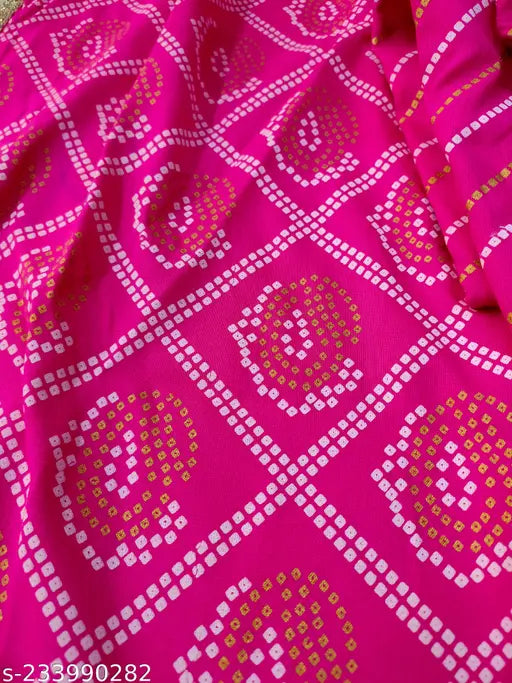 Viscose Rayon Nyra cut kurta, printed bandhani pattern with zari embroidery and three-quarter sleeves, Indian traditional clothing