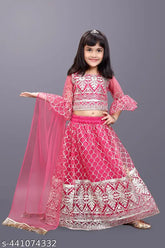 Deep pink embroidered lehenga choli set for girls, super net fabric, A-line dhoti pants, party wear, Indian traditional outfit, size 12-8 years