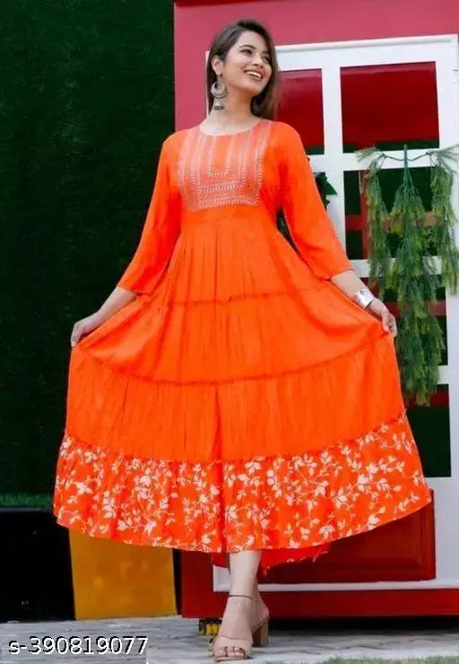 Rayon Anarkali kurti with embroidery, three-quarter sleeves, printed. Exudes timeless elegance and sophistication, India origin